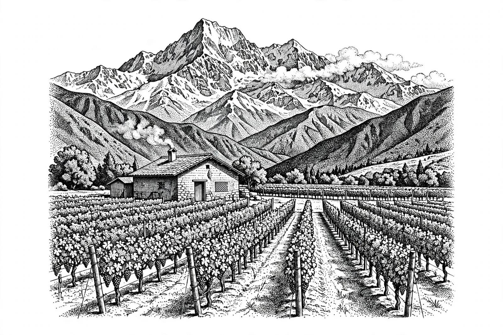 Illustration: a Chilean vineyard beneath the Andes, the regional identity at the heart of the 2026 harvest.