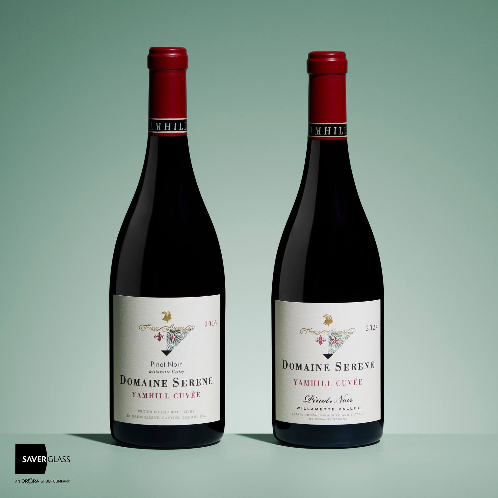 The Cépage Eco bottle beside the original Cépage bottle. Domaine Serene and Saverglass cut more than 200 grams, 30 percent, while preserving the silhouette used for 35 years.