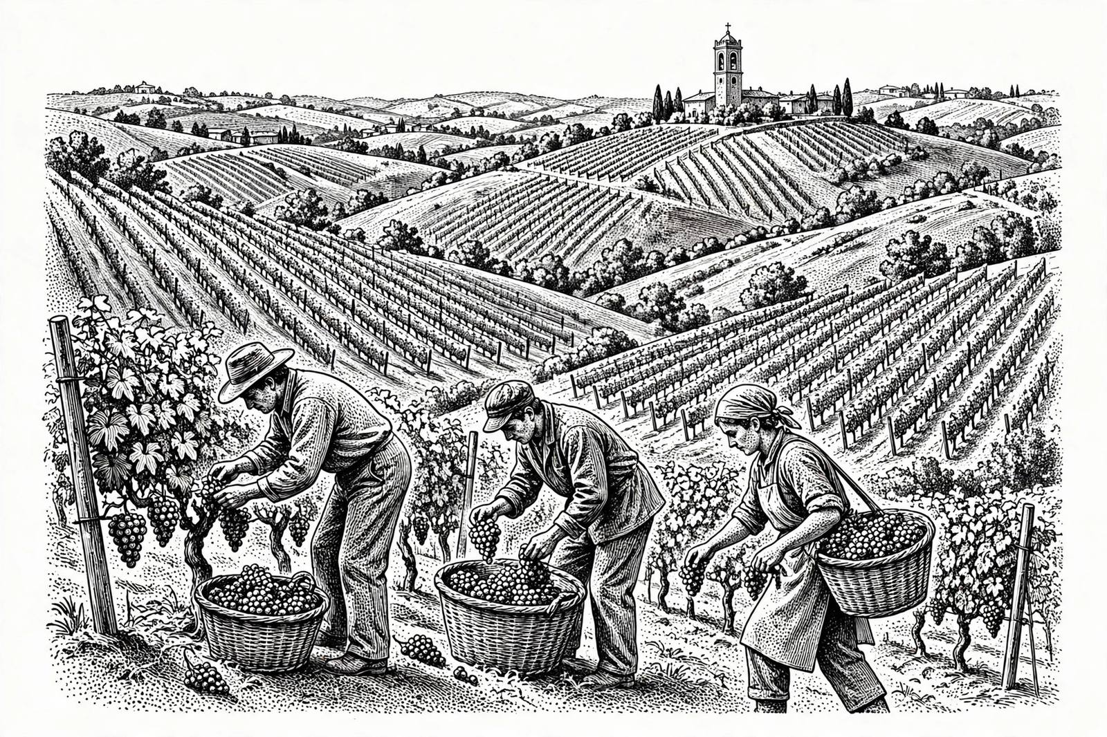 Illustration: vineyard rows in Tuscany at harvest time, with pickers and full grape baskets rendered in stipple ink.