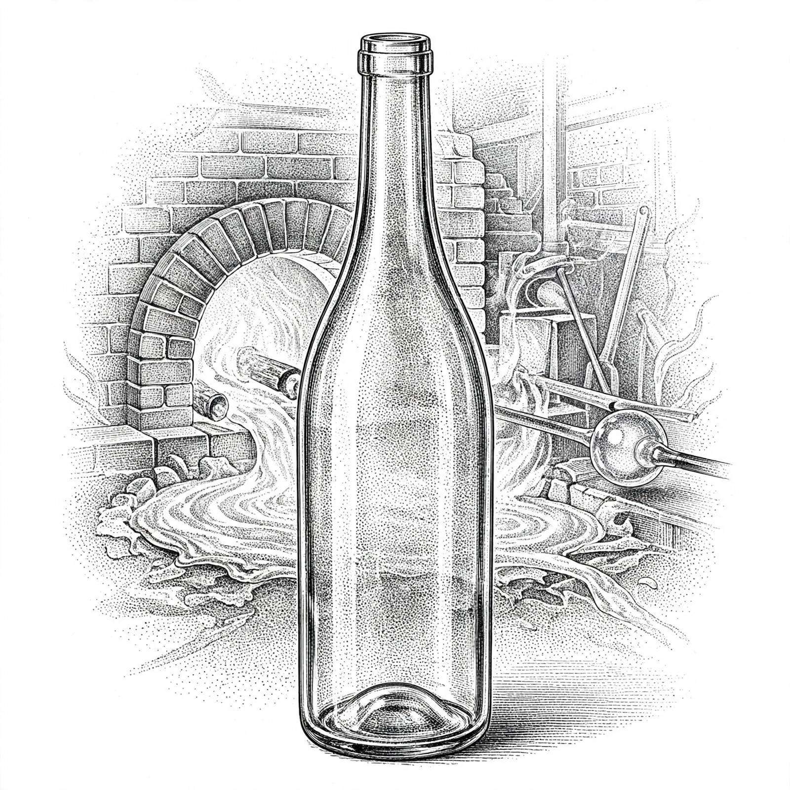 Illustration: a wine bottle rendered in fine stipple lines, visibly thinner and lighter than a standard bottle beside it.