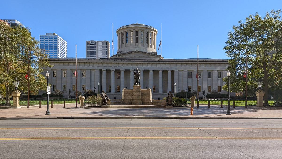 The Ohio Statehouse in Columbus. Ohio's attorney general petitioned the U.S. Supreme Court on June 5, 2026, to review the Sixth Circuit's ruling striking down the state's retailer shipping ban.