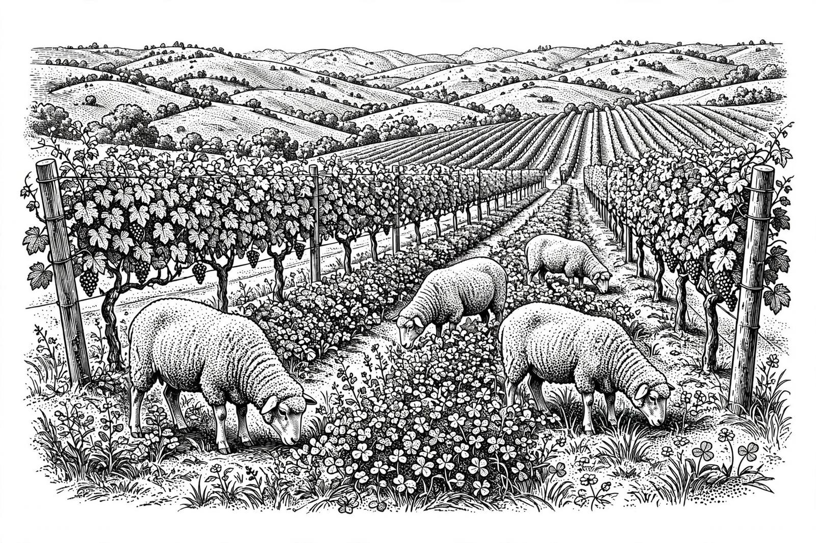 Illustration: a vineyard rows scene with cover crops, grazing sheep and healthy living soil rendered in stipple ink.
