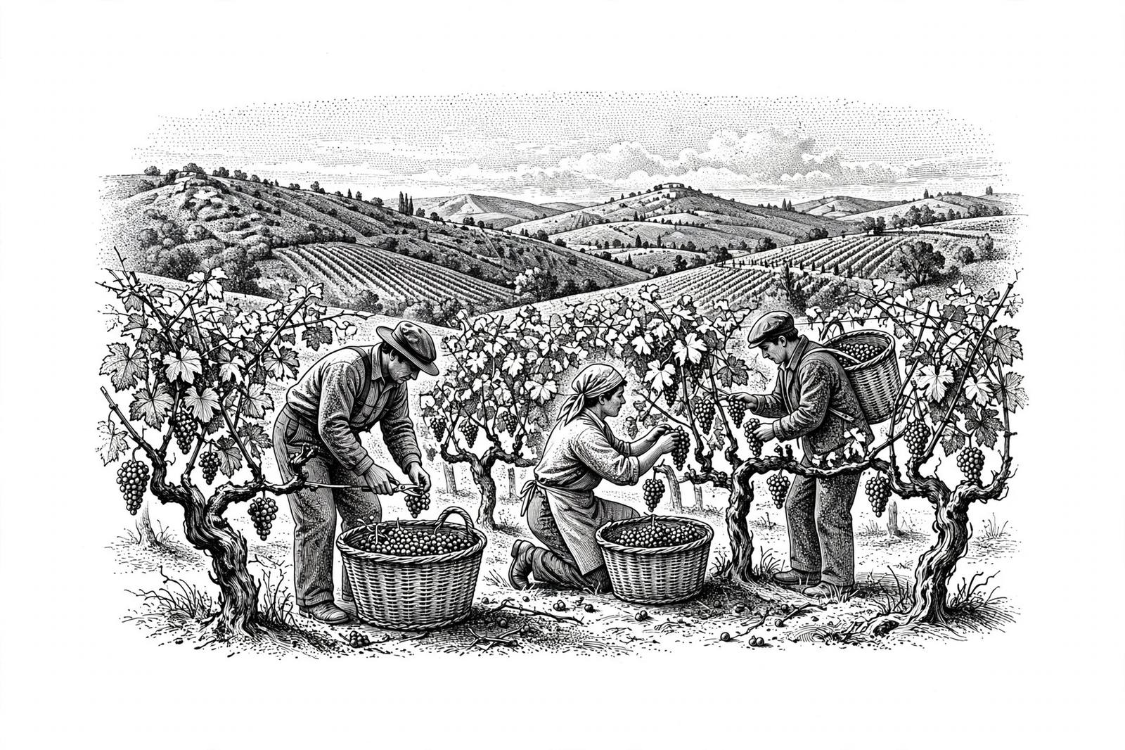 Illustration: grape pickers at work during Rioja's earliest harvest on record.
