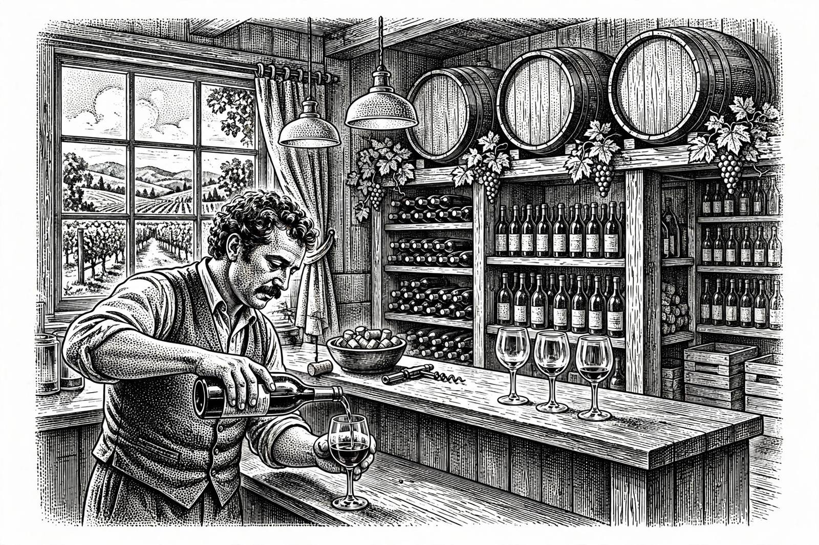 Illustration: a tasting room bar with a guest walking away empty-handed as staff look on.