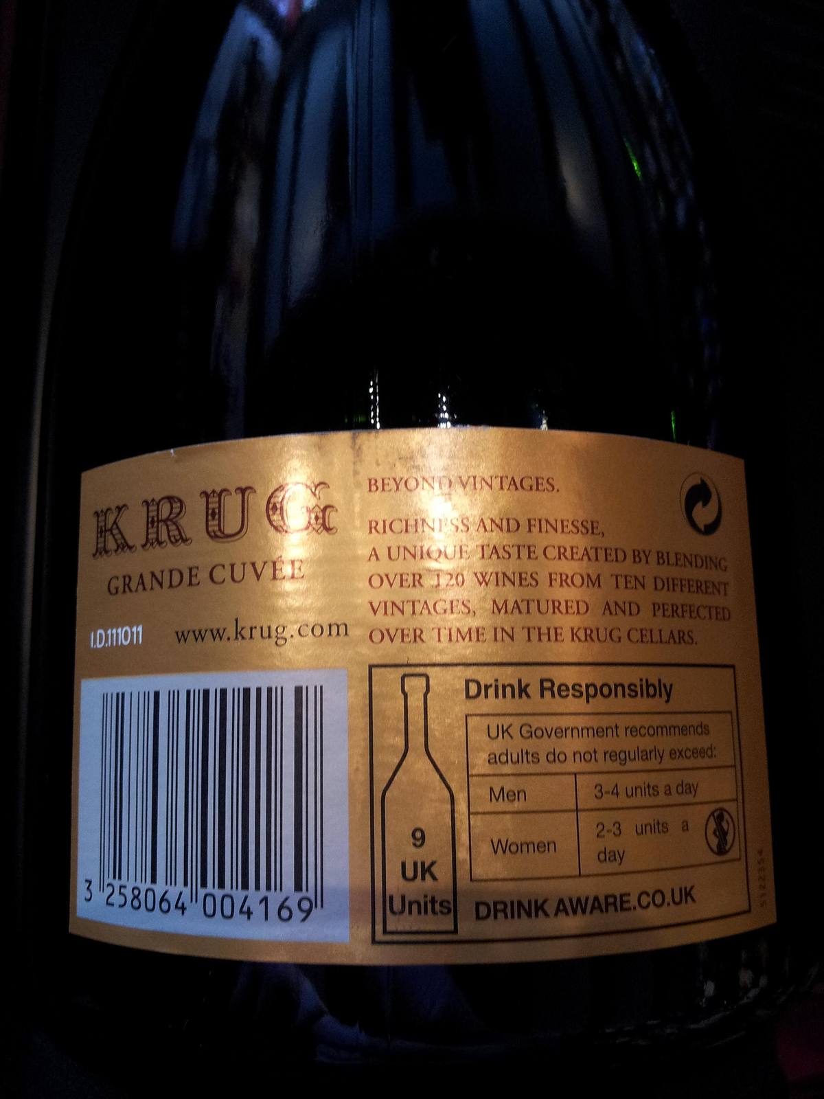 The back label of a bottle from Champagne producer Krug. The TTB's proposed Alcohol Facts and allergen rules would add mandatory nutrition and allergen disclosures to labels like these.